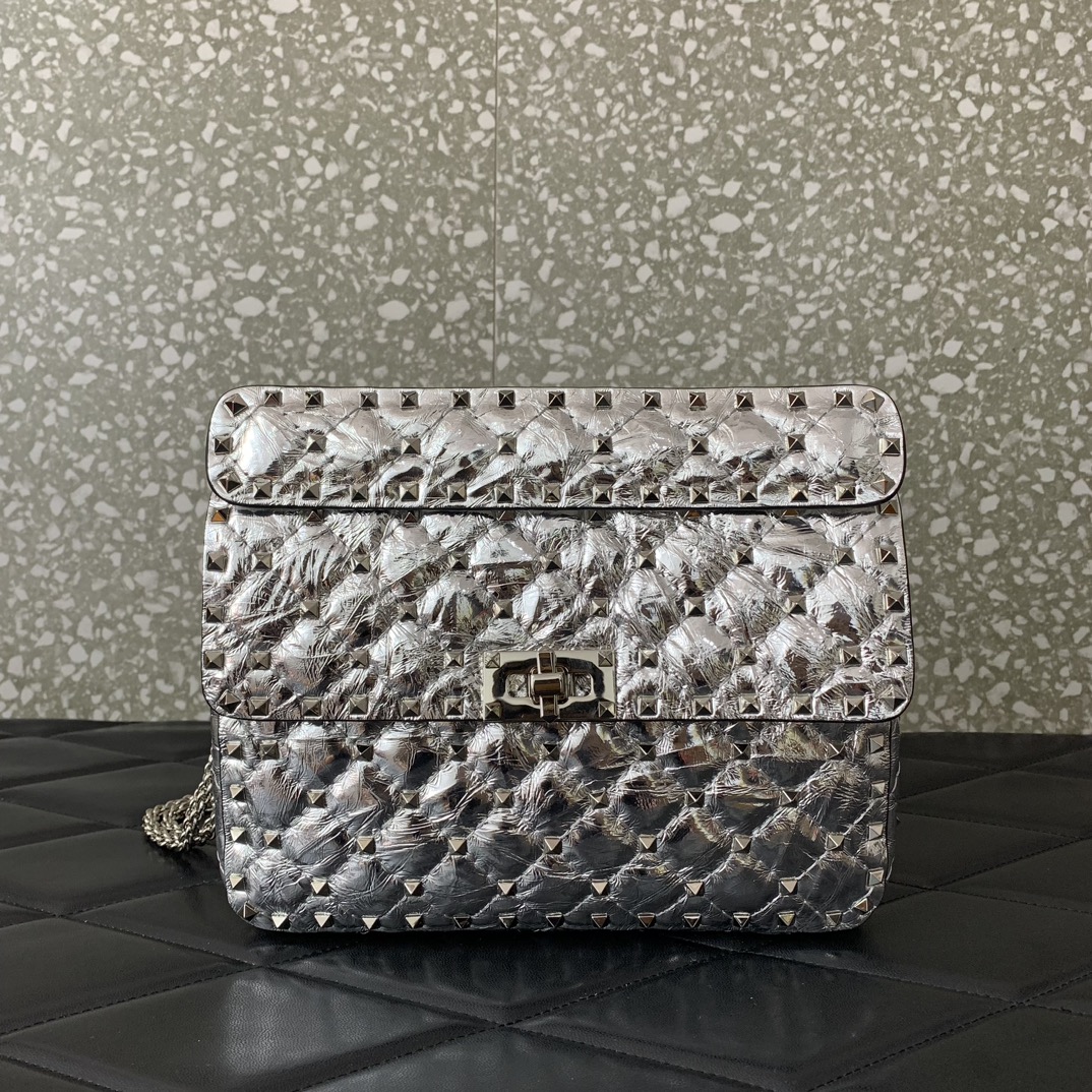 Valentino Garavani Rockstud Spike Medium Chain Bag in Silver Supple Lambskin Nappa